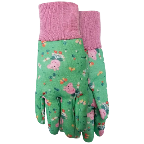 Toddler-sized green fabric gloves with pink cuffs and colorful character and floral print for light outdoor use