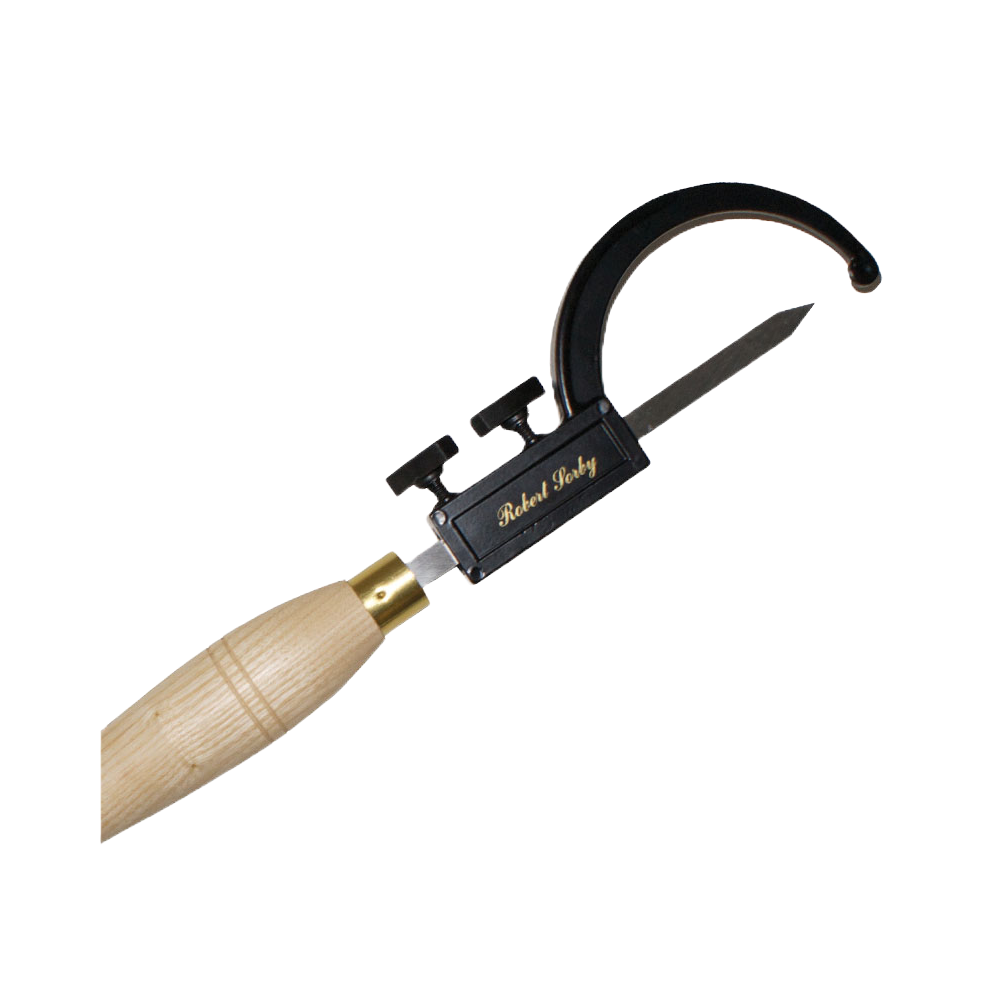 Robert Sorby sizing tool with wooden handle and adjustable curved arm for accurate spindle turning in woodworking tools collection