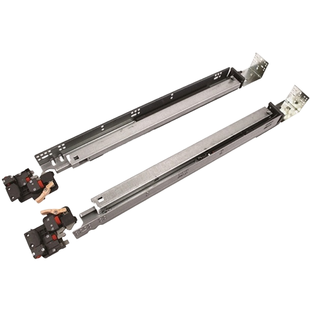 Pair of metal undermount soft-close drawer slides with integrated roller and mounting brackets in cabinet hardware collection