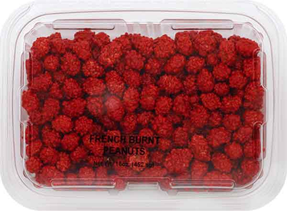 Clear plastic container filled with small red burnt peanuts for snacking or cooking use