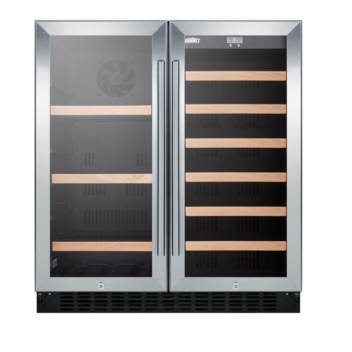 Stainless steel built-in dual door beverage center with wooden shelving in kitchen appliances and beverage centers collection