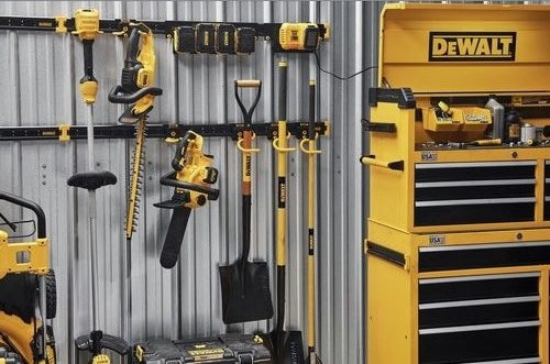Organized yellow and black lawn and garden tools mounted on wall with matching storage cabinet for tool storage and home improvement