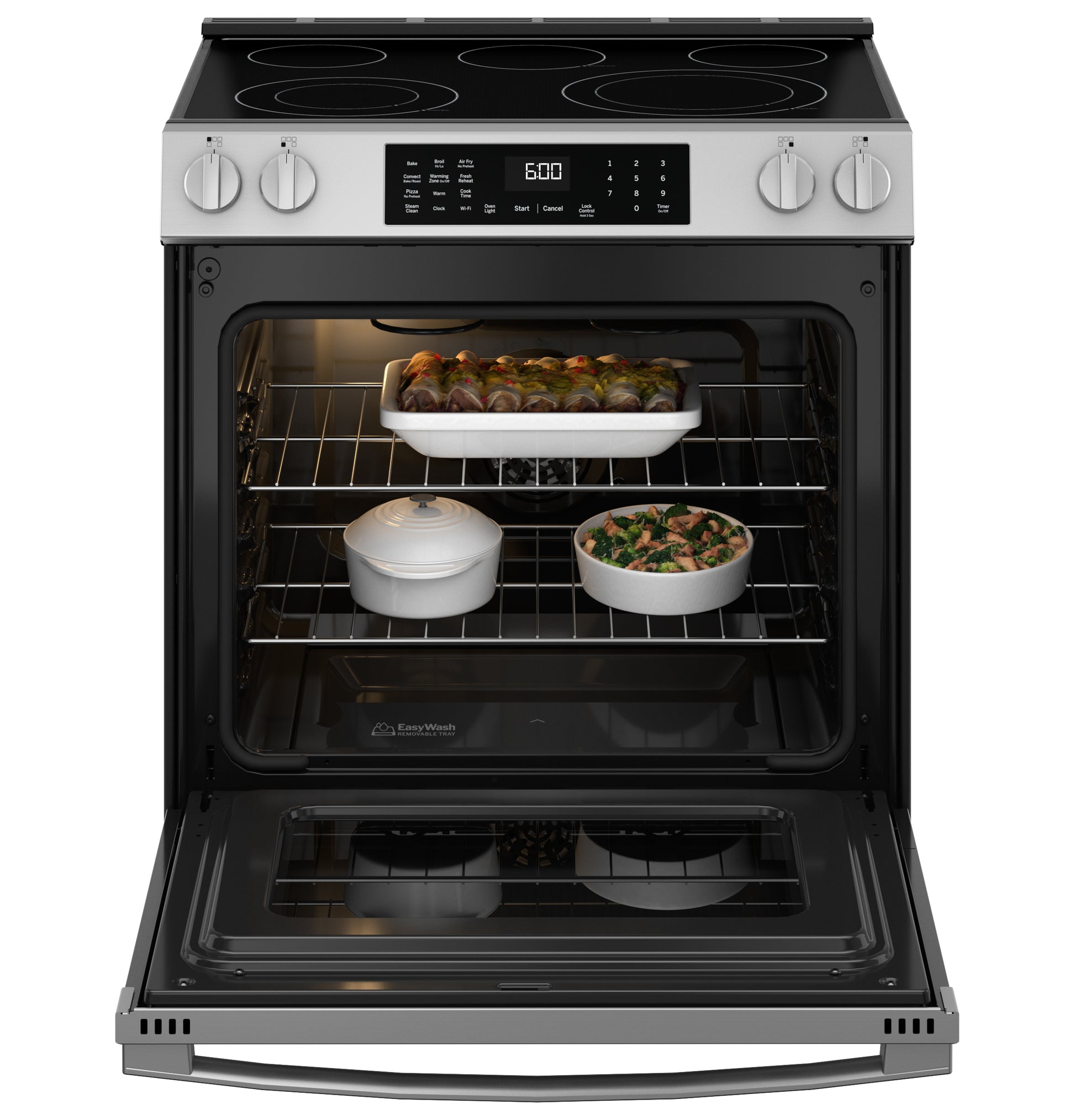 Front view of stainless steel electric slide-in range with open oven containing dishes baking inside racks