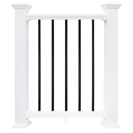 White vinyl stair rail section with black round aluminum balusters for home improvement and railing installation use