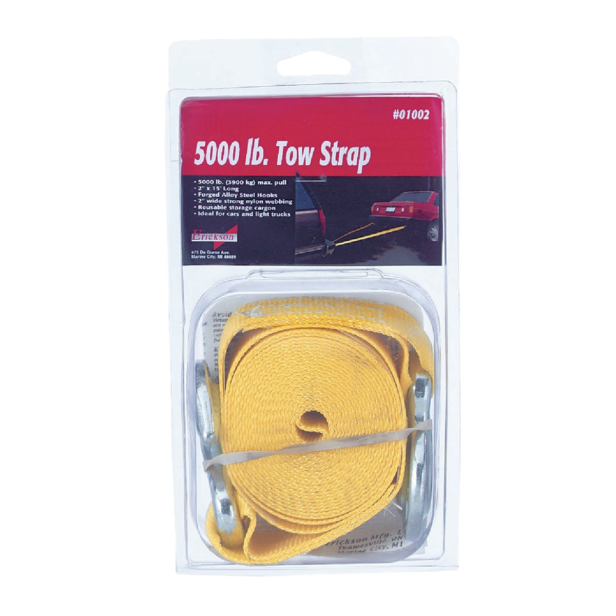 Yellow towing strap with steel hooks packaged for heavy-duty pulling in home improvement and tools use