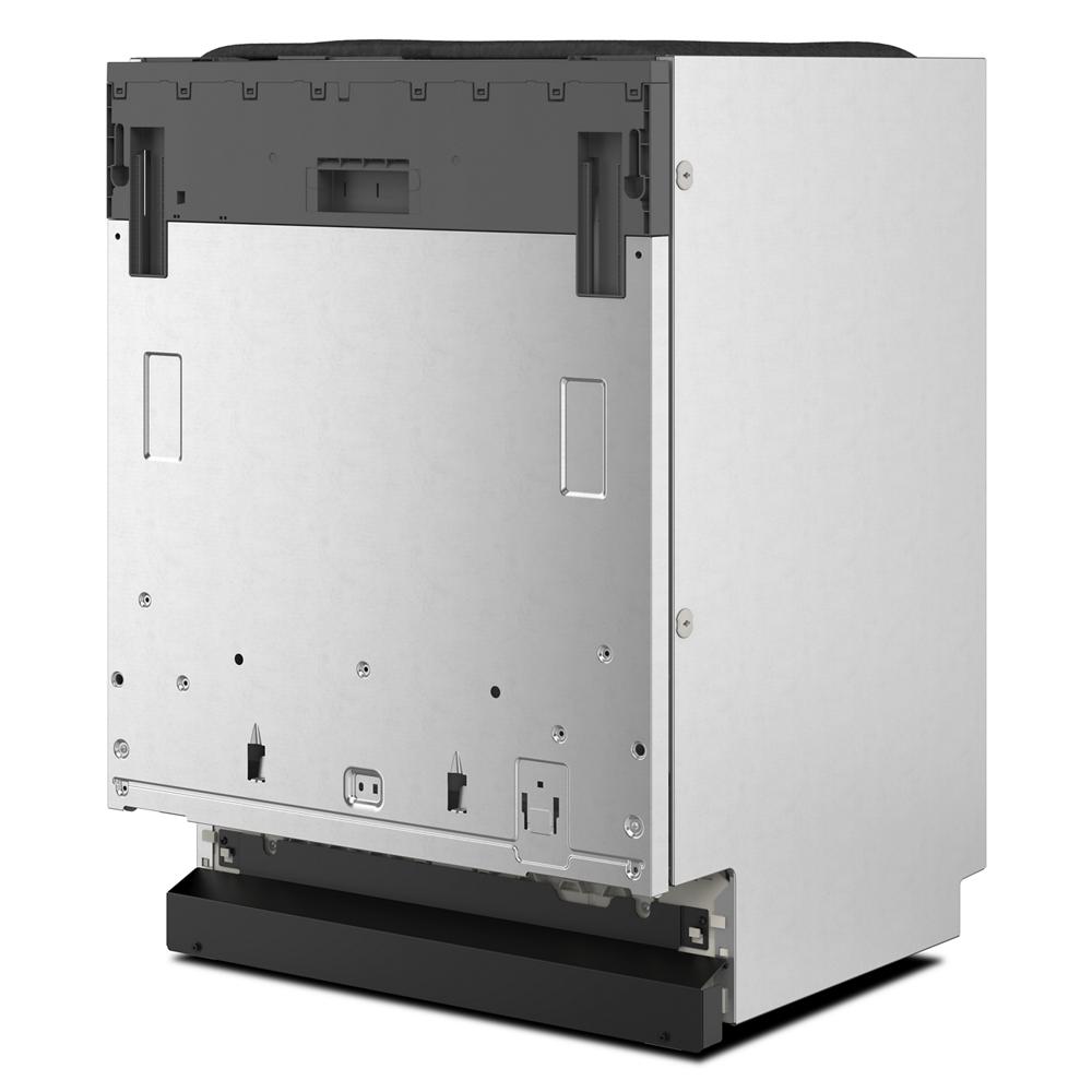 Rear view of a panel-ready dishwasher with exposed metal casing and black base in kitchen appliances collection