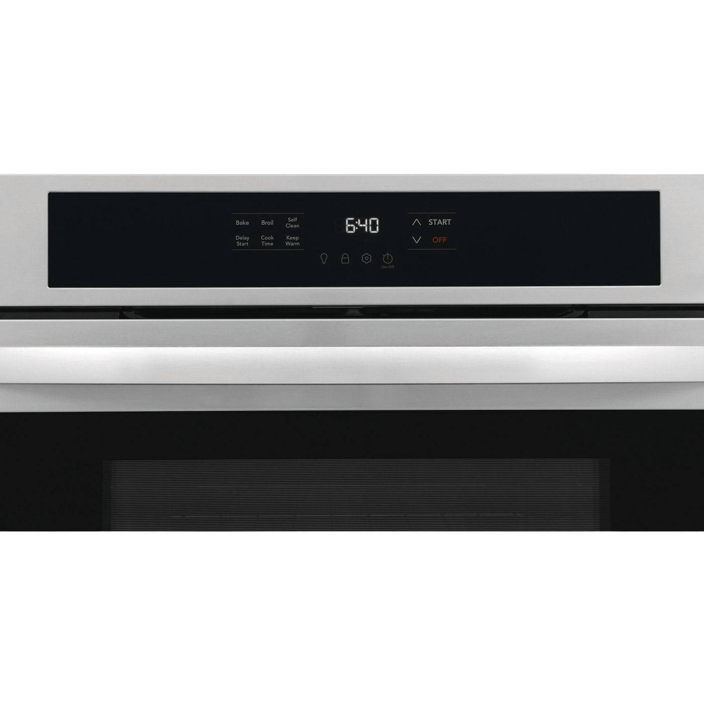 Close-up of stainless steel wall oven digital control panel with clock, cycle options, and start/stop buttons from kitchen appliances collection