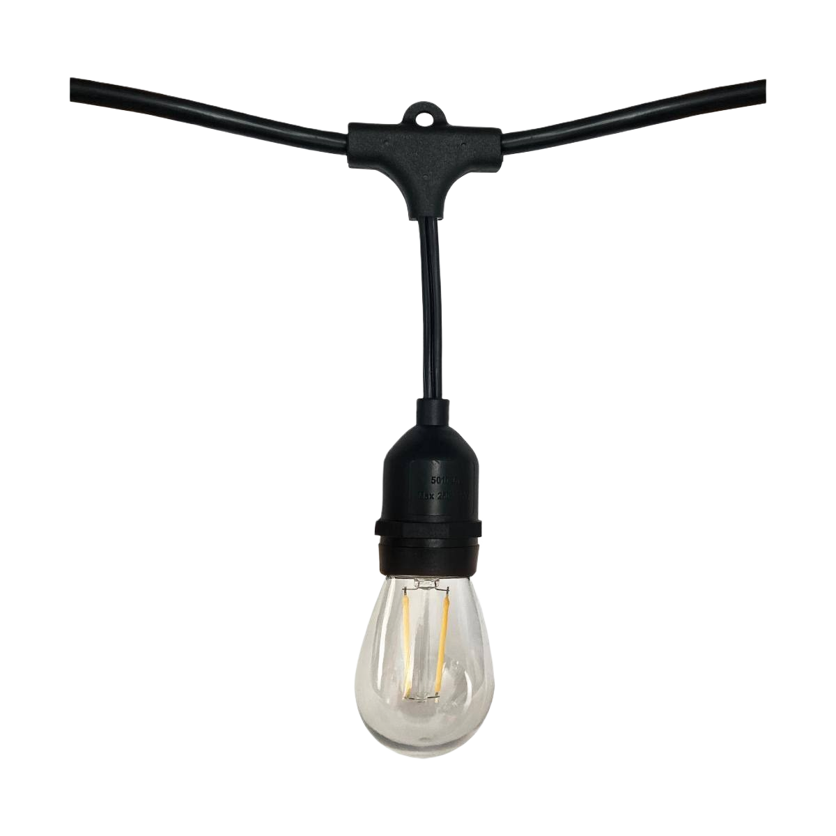 Single warm white LED filament bulb on black wire string light for outdoor living and home improvement collections