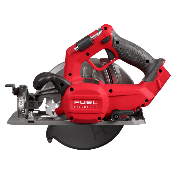 Red cordless circular saw with black ergonomic handle and metal blade guard for efficient home improvement cutting tasks