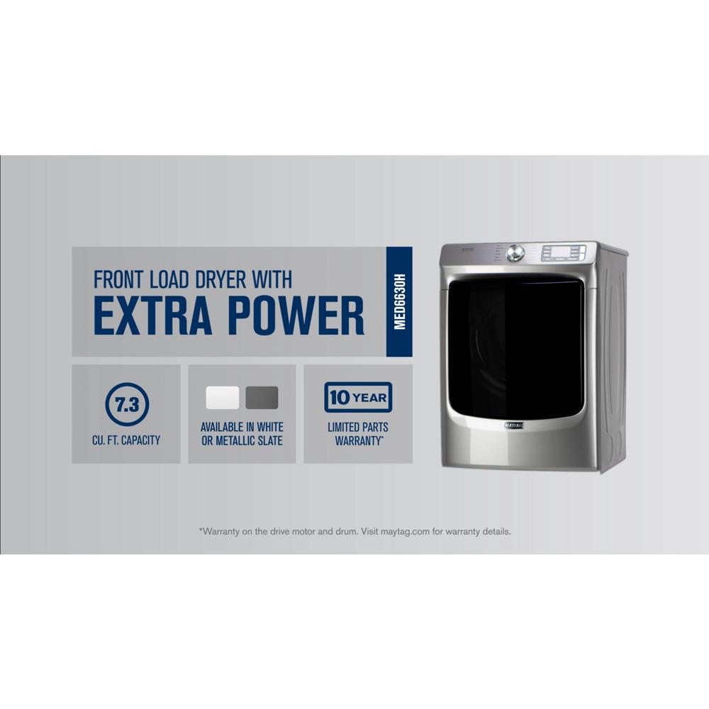 Metallic slate front load electric dryer with digital controls and extra power feature in electric dryers collection