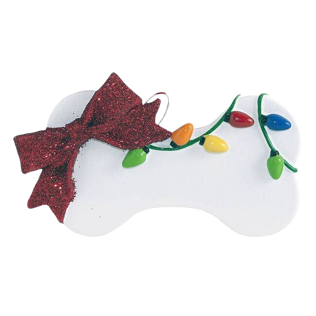 White dog bone ornament adorned with colorful holiday lights and a glittery red bow for Christmas décor collection