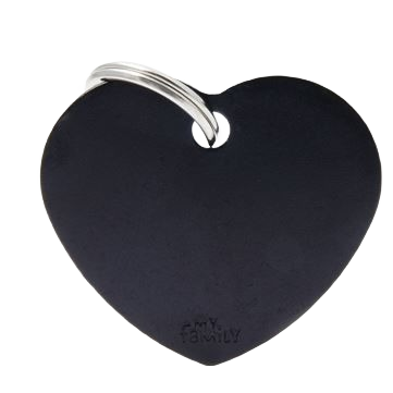 Large black heart-shaped pet ID tag with metal keyring for secure attachment and identification purposes