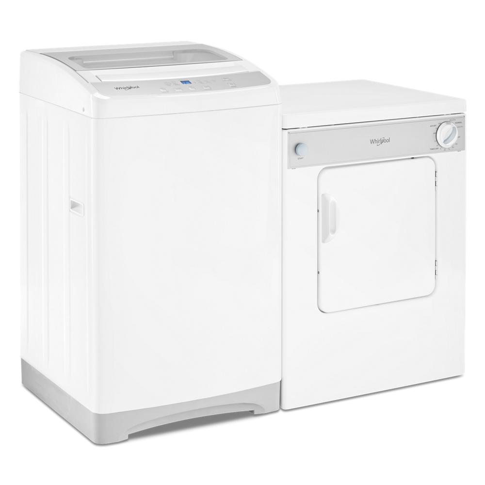 White Whirlpool top load washer paired with a compact front load dryer, ideal for small laundry spaces and home improvement.