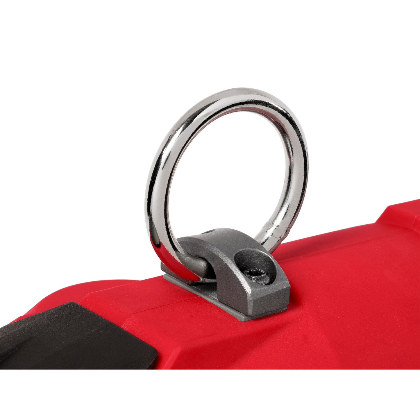 Chrome metal belt hook attached to red tool housing for secure fastening in tools and home improvement tasks