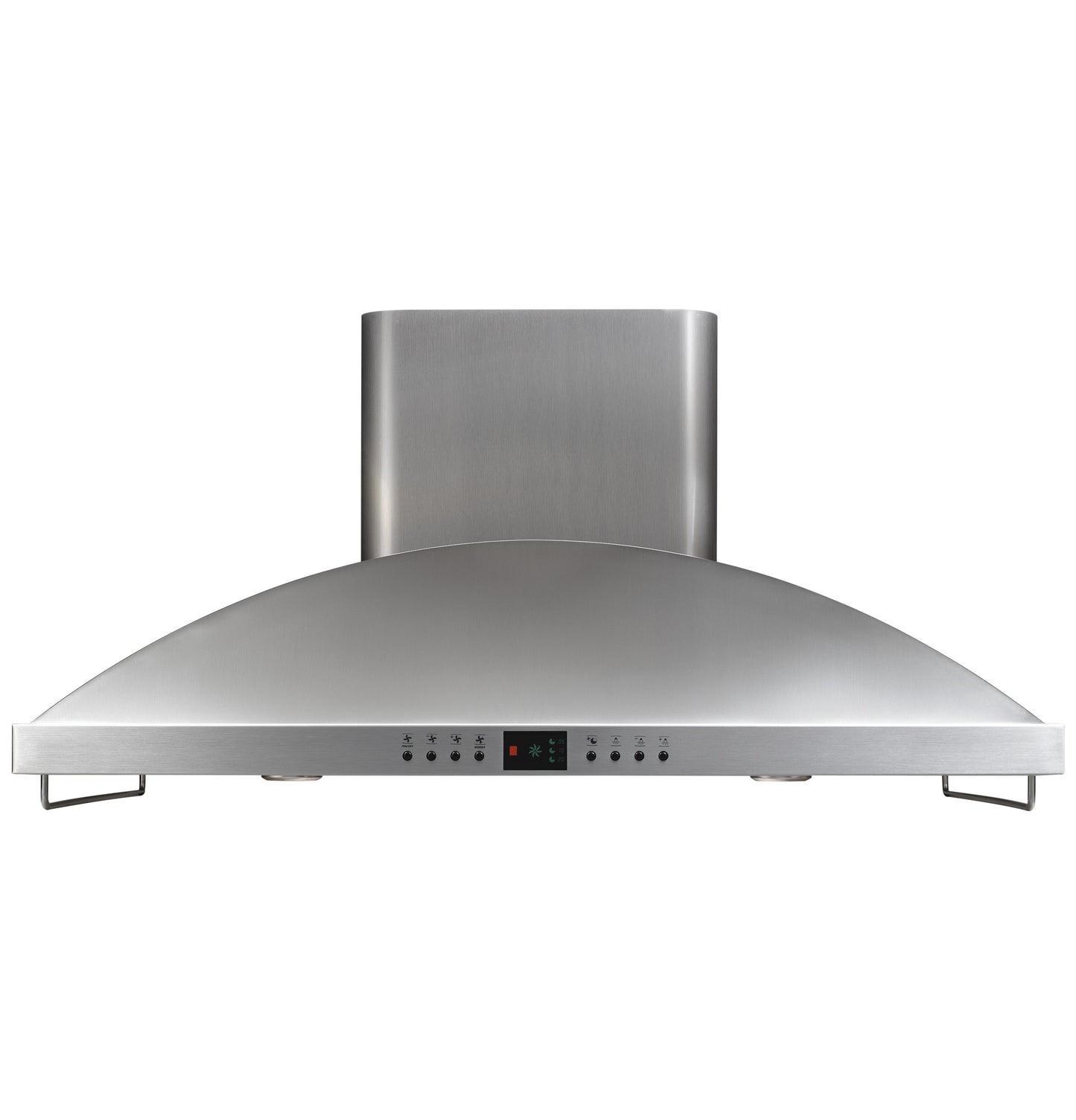 Stainless steel island range hood with curved canopy, digital controls, and integrated lighting in kitchen appliances collection