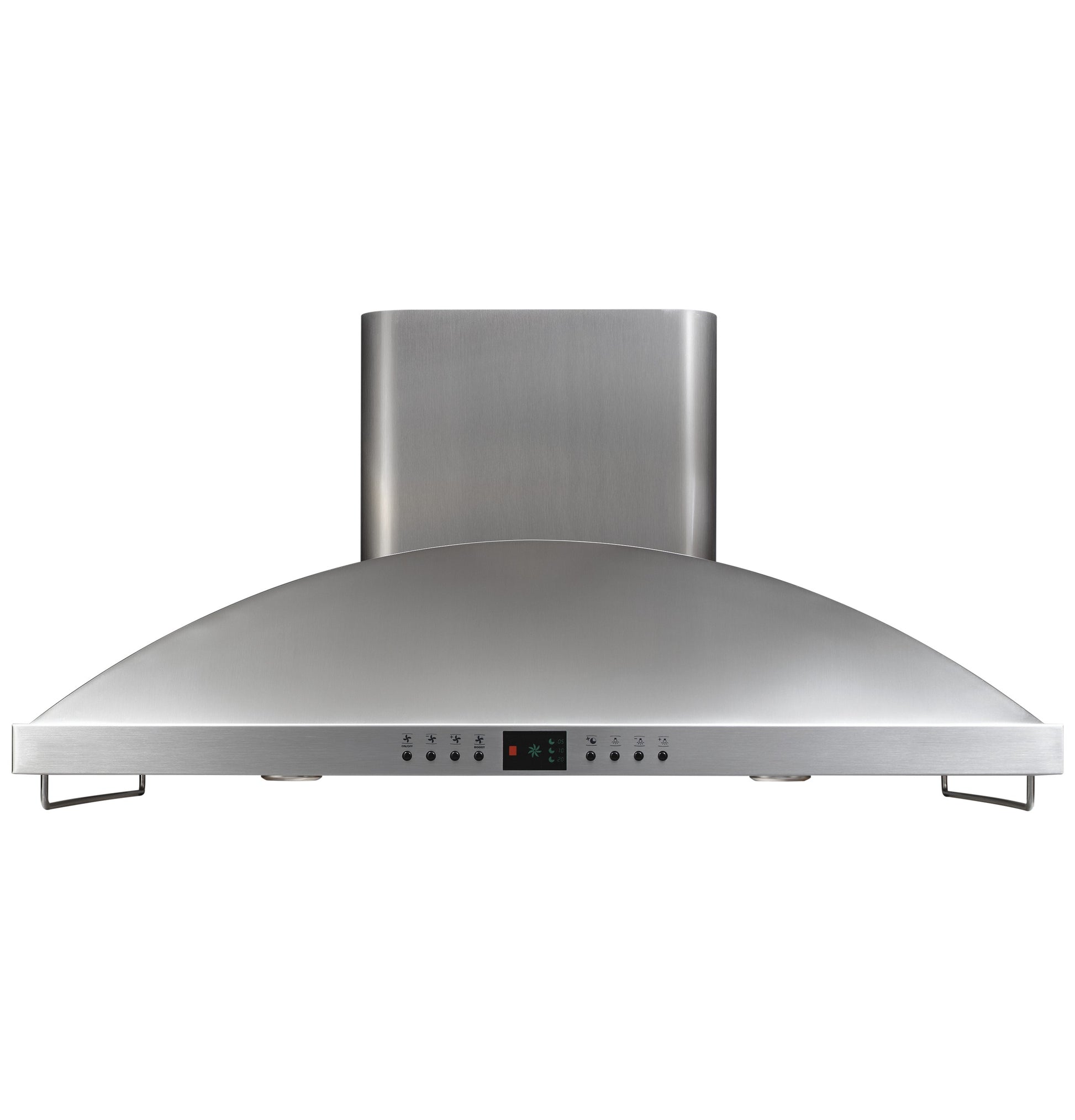 Stainless steel island range hood with curved canopy, digital controls, and integrated lighting in kitchen appliances collection