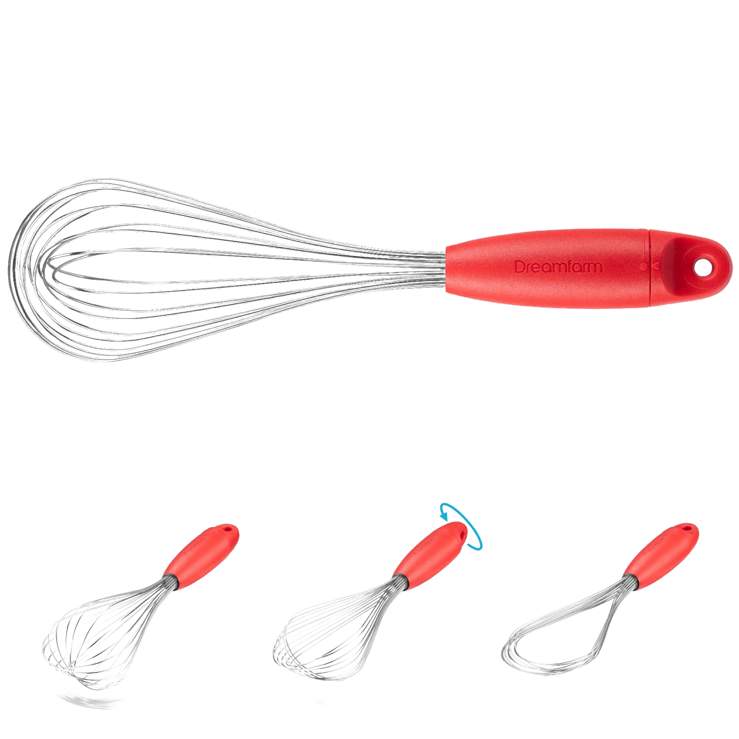 Red stainless steel flisk with ergonomic handle shown in various flexible positions in kitchen gadgets under $50 collection