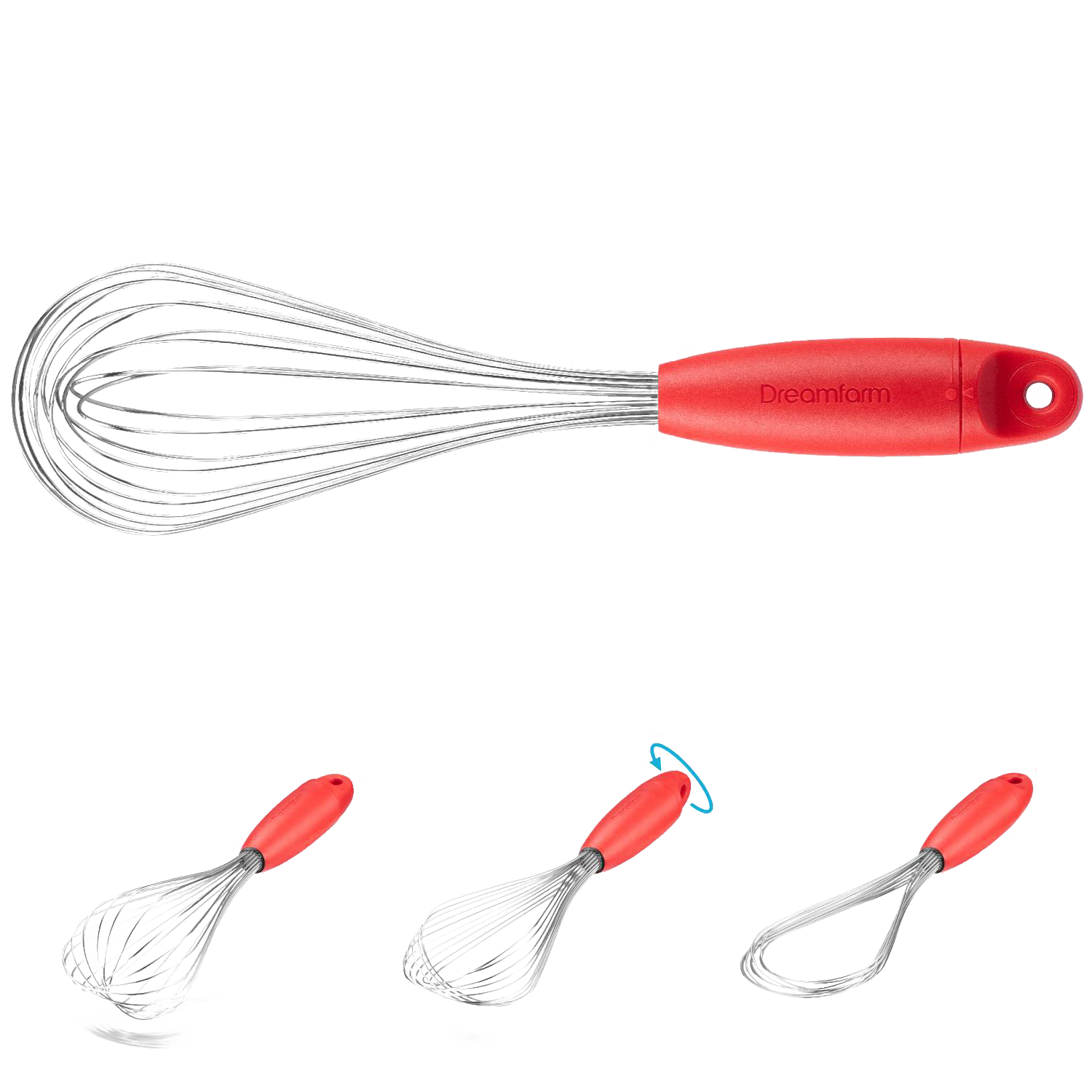 Red stainless steel flisk with ergonomic handle shown in various flexible positions in kitchen gadgets under $50 collection