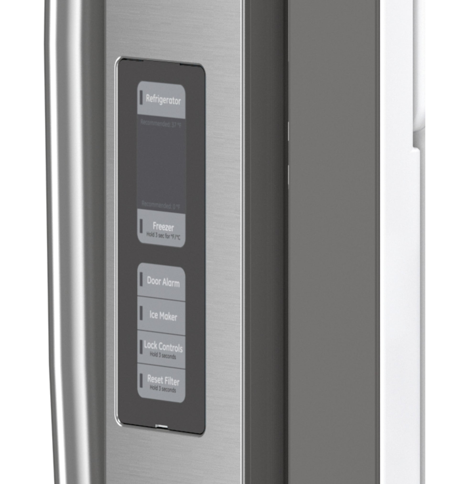 Close-up of stainless steel refrigerator door control panel displaying settings for freezer, door alarm, ice maker, and filter reset functions