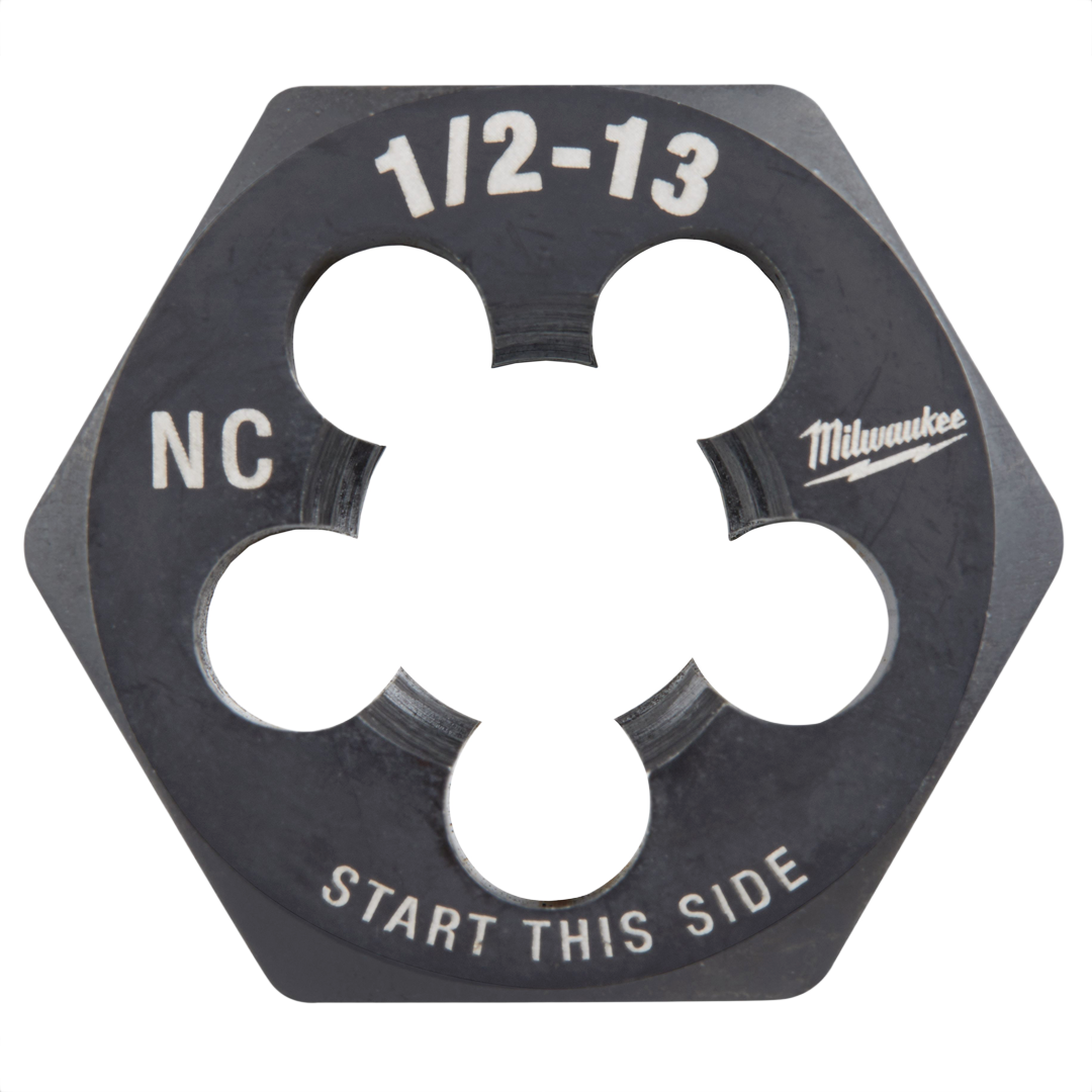 Hexagonal threading die with engraved measurements and instructions, designed for tool accessories and power tool use.
