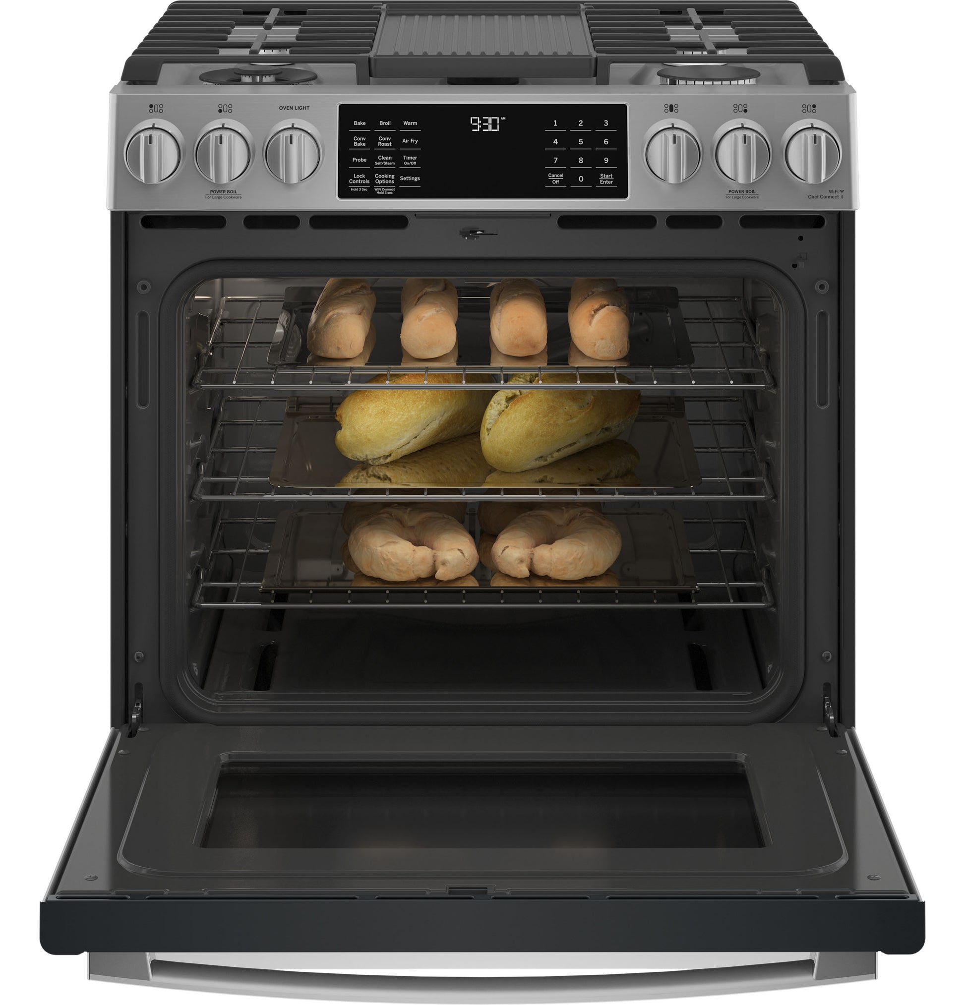 Slide-in front-control gas range with fingerprint-resistant finish, digital display, and oven open with baked bread inside