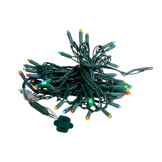 UL-certified multi-color twinkle LED light set with green wiring, 50 bulbs for indoor and outdoor home improvement use