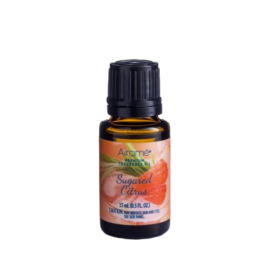 Amber glass bottle of Airome Sugared Citrus fragrance oil with black cap and colorful citrus-themed label