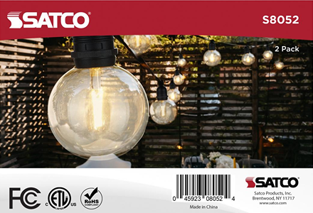 Satco 2-pack LED string light replacement lamps with clear round bulbs, ideal for outdoor lighting and home improvement.