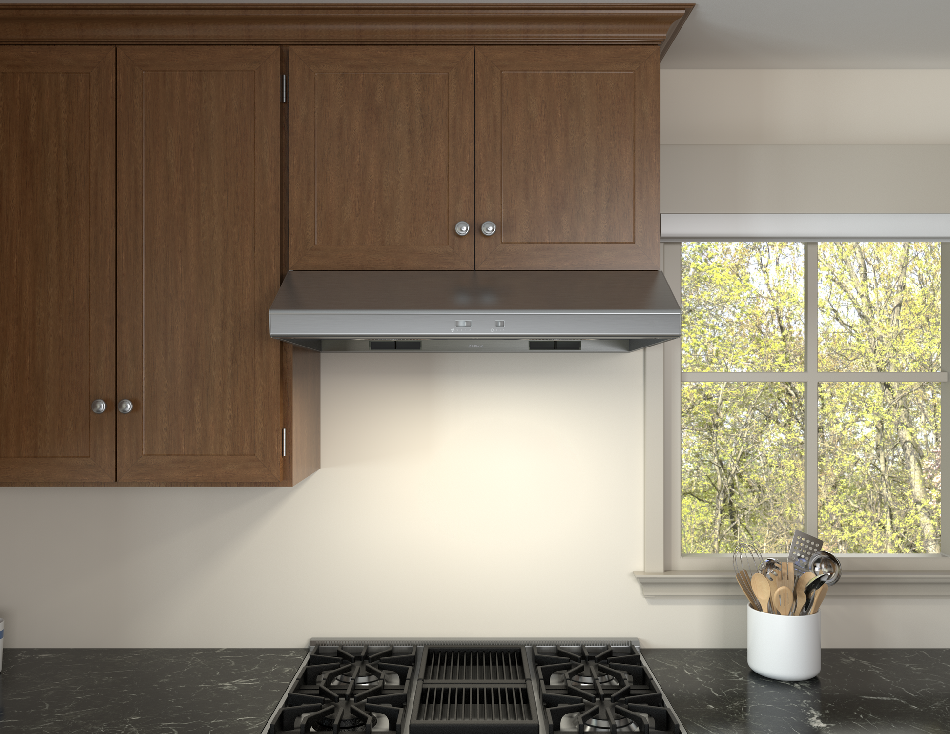 Stainless steel under-cabinet range hood with LED lighting and simple control panel above a gas stove, part of Under Cabinet Range Hoods and Kitchen & Kitchenware collections.