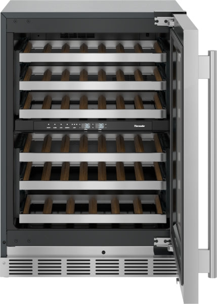 Under-counter stainless steel wine cooler with glass door, wooden racks, and digital temperature controls from Thermador collection