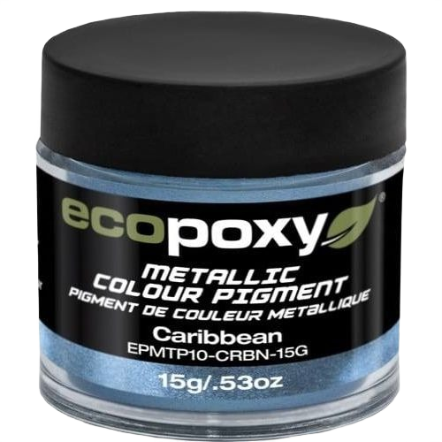 Small jar of Caribbean metallic color pigment for enhancing EcoPoxy resin coatings in wood sealers and finishes collections