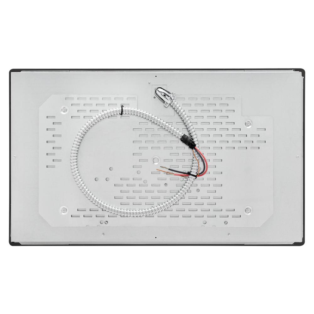Rear view of a 36-inch electric cooktop with metal backplate and coiled power cable for kitchen appliance installation