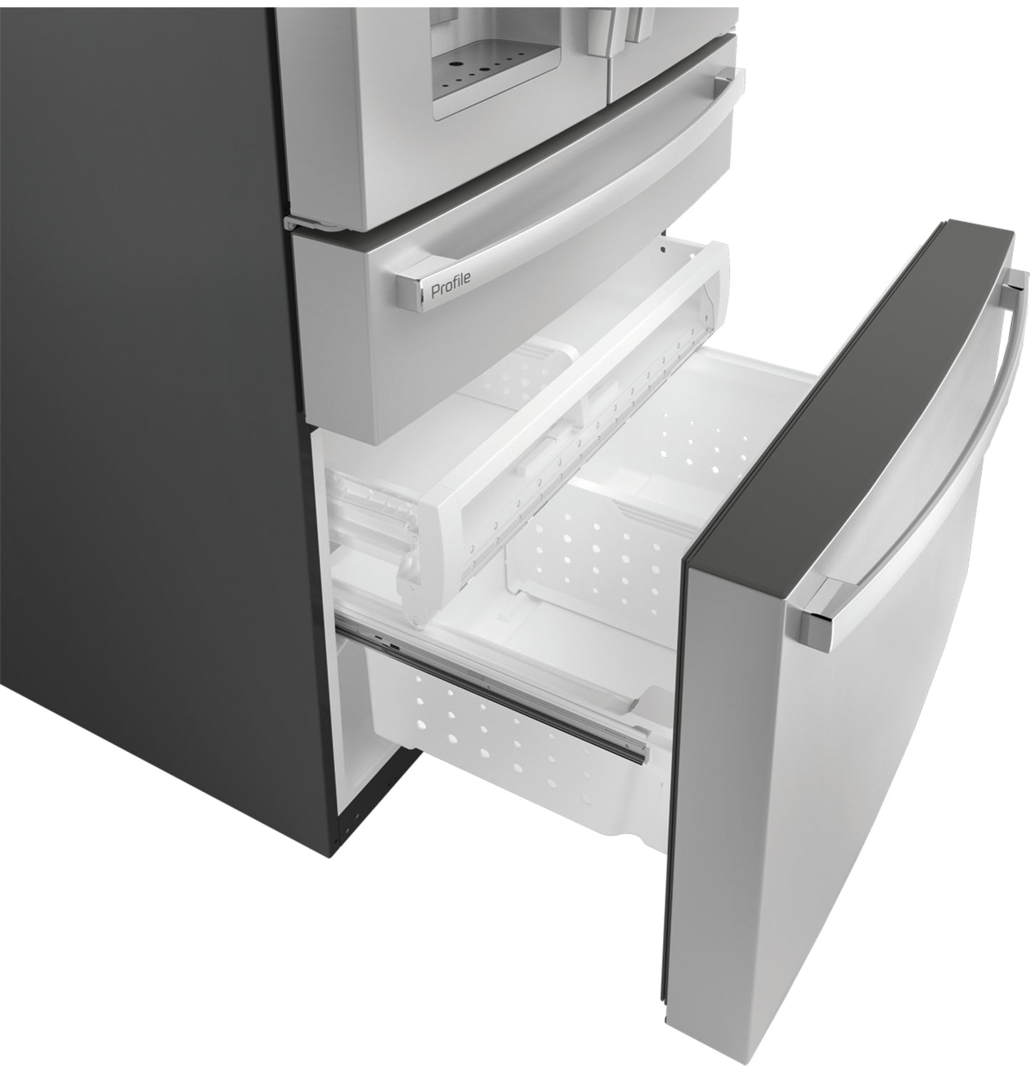 Open bottom freezer drawer of smart fingerprint resistant French-door refrigerator showing clear storage bins inside