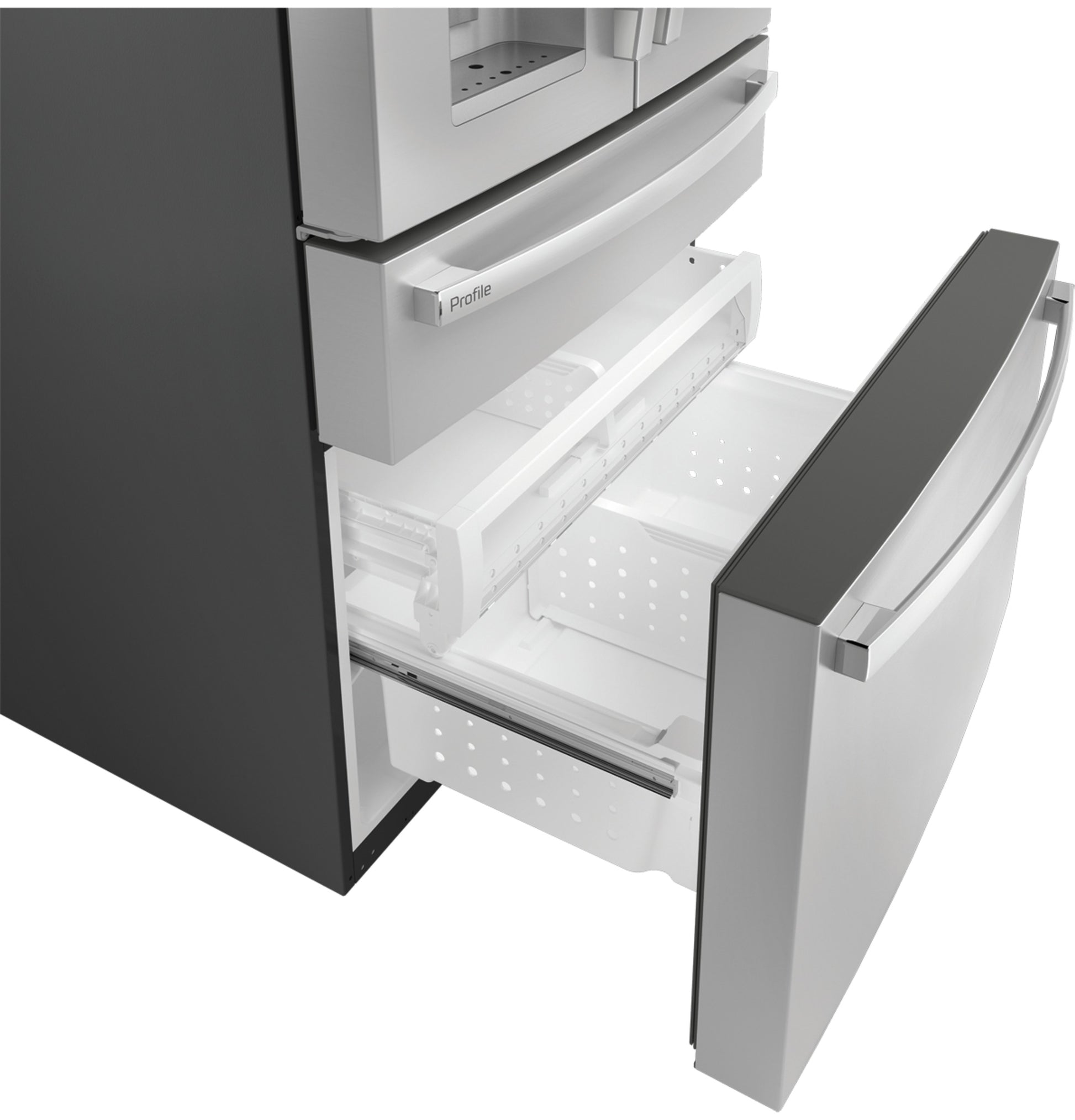 Open bottom freezer drawer of smart fingerprint resistant French-door refrigerator showing clear storage bins inside