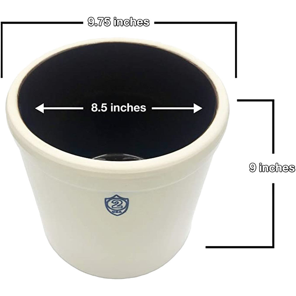 White ceramic stoneware crock with blue emblem and measurement annotations, part of Kitchenware and Under $50 collections