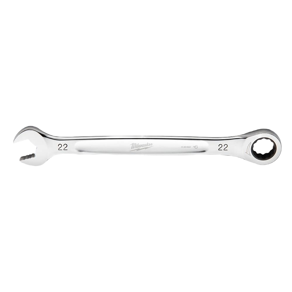 Polished ratcheting combination wrench with 22 mm size markings for precise tool and home improvement use