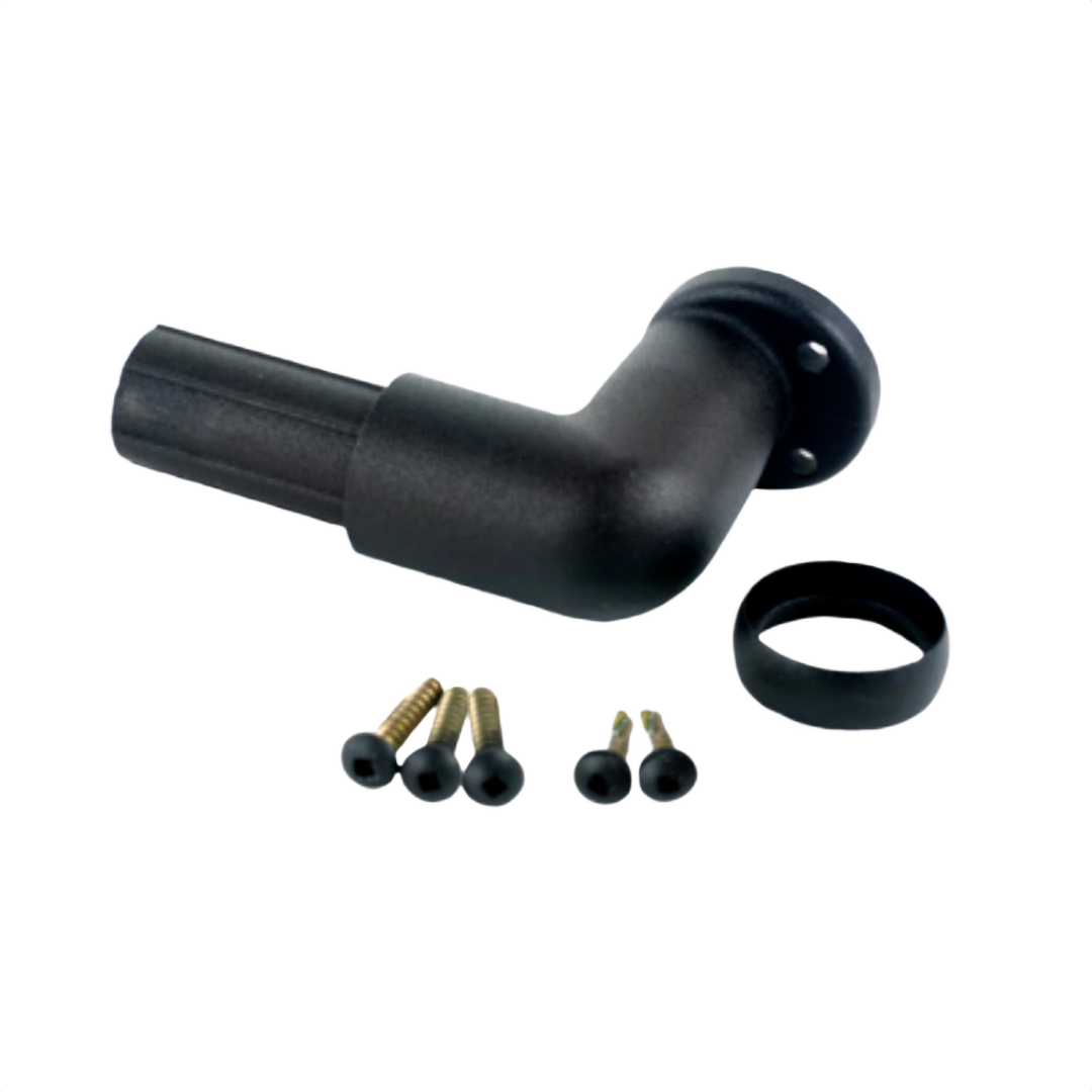 Black aluminum wall return with mounting screws and spacer for deck railing and outdoor living projects