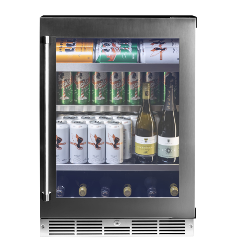 24-inch stainless steel under counter beverage centre with glass door and adjustable shelves in kitchen appliances collection