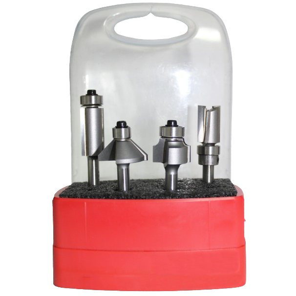 Set of four steel router bits with 1/4 inch shanks in a red storage case for precision woodworking tools and home improvement