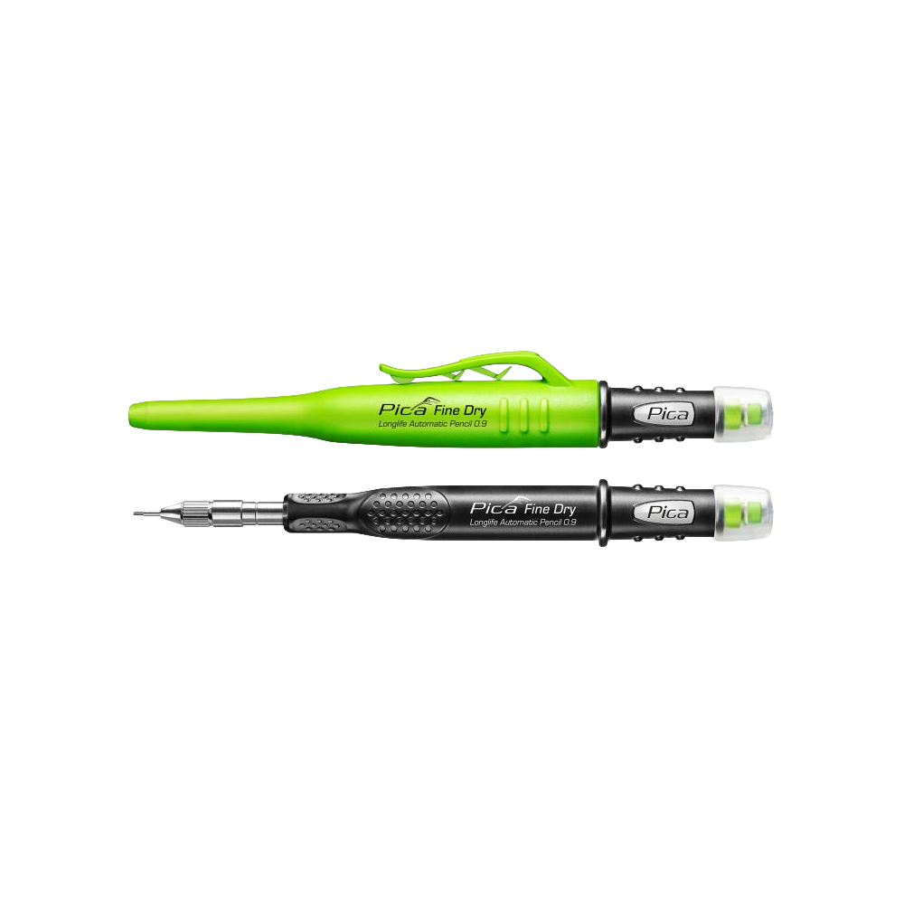 Pair of Pica Fine-Dry automatic pencils with 0.9 mm lead, green and black, for precise marking in woodworking tools collection