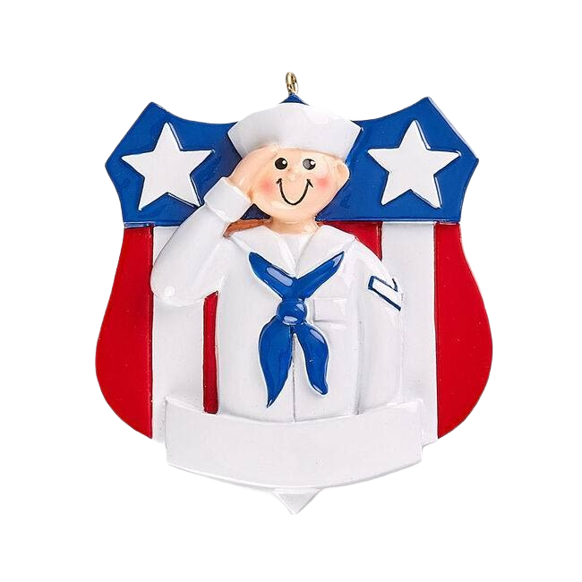 Smiling Navy male figurine saluting in white uniform with blue tie on patriotic shield Christmas tree decoration