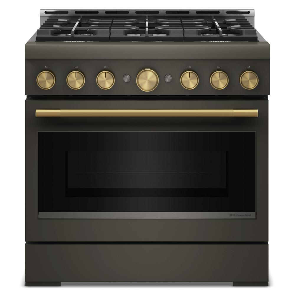 Front view of six-burner commercial-style gas range in dark finish with bronze control knobs and handle from KitchenAid collection