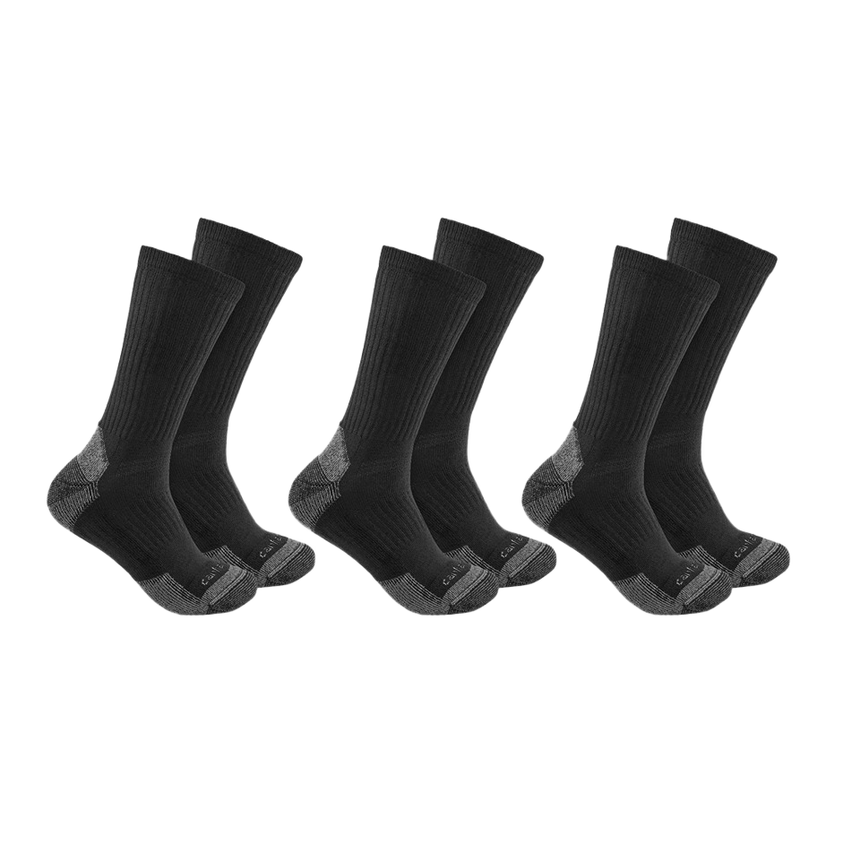 Three pairs of black and dark gray midweight crew socks designed for durable everyday wear in men's clothing collection