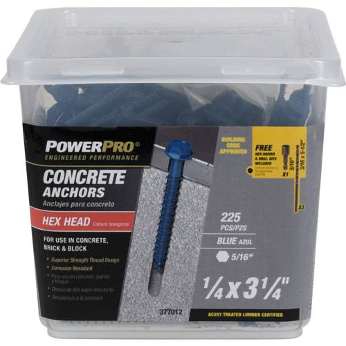 Container of blue hex head concrete anchors with corrosion resistance for hardware, lumber, and building materials collections under $100