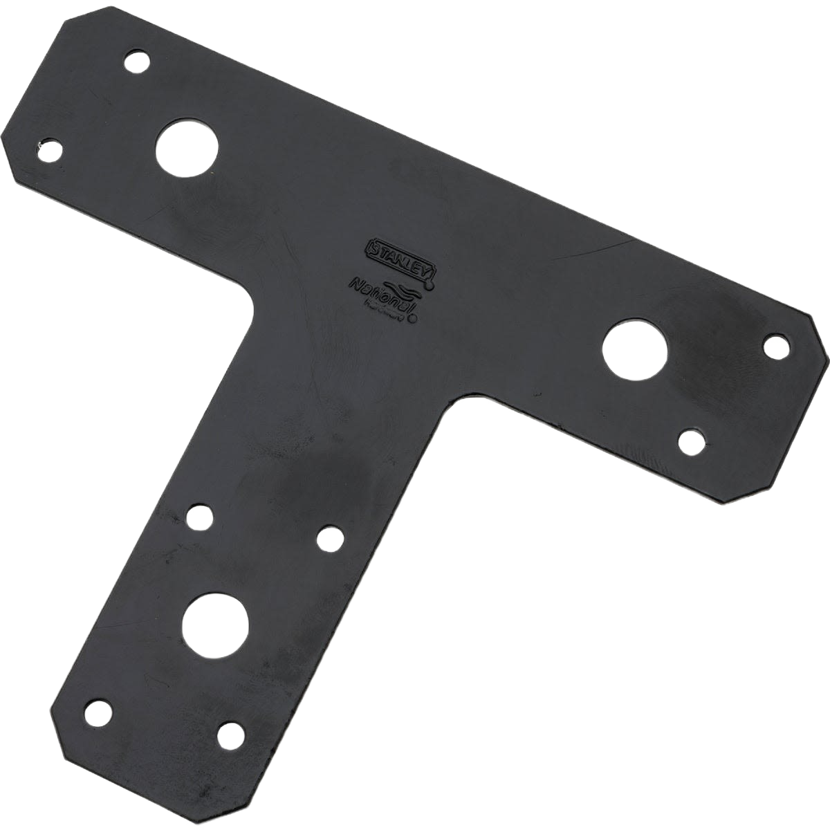 Black heavy-duty T-plate with multiple screw holes for strong beam support in building hardware and mending plates collections