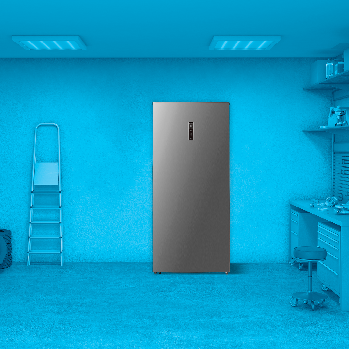 Stainless steel upright convertible freezer with digital control panel in a modern utility room setting