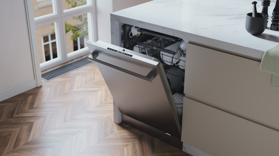 Built-in stainless steel dishwasher with partially open door showcasing interior racks in modern kitchen setting