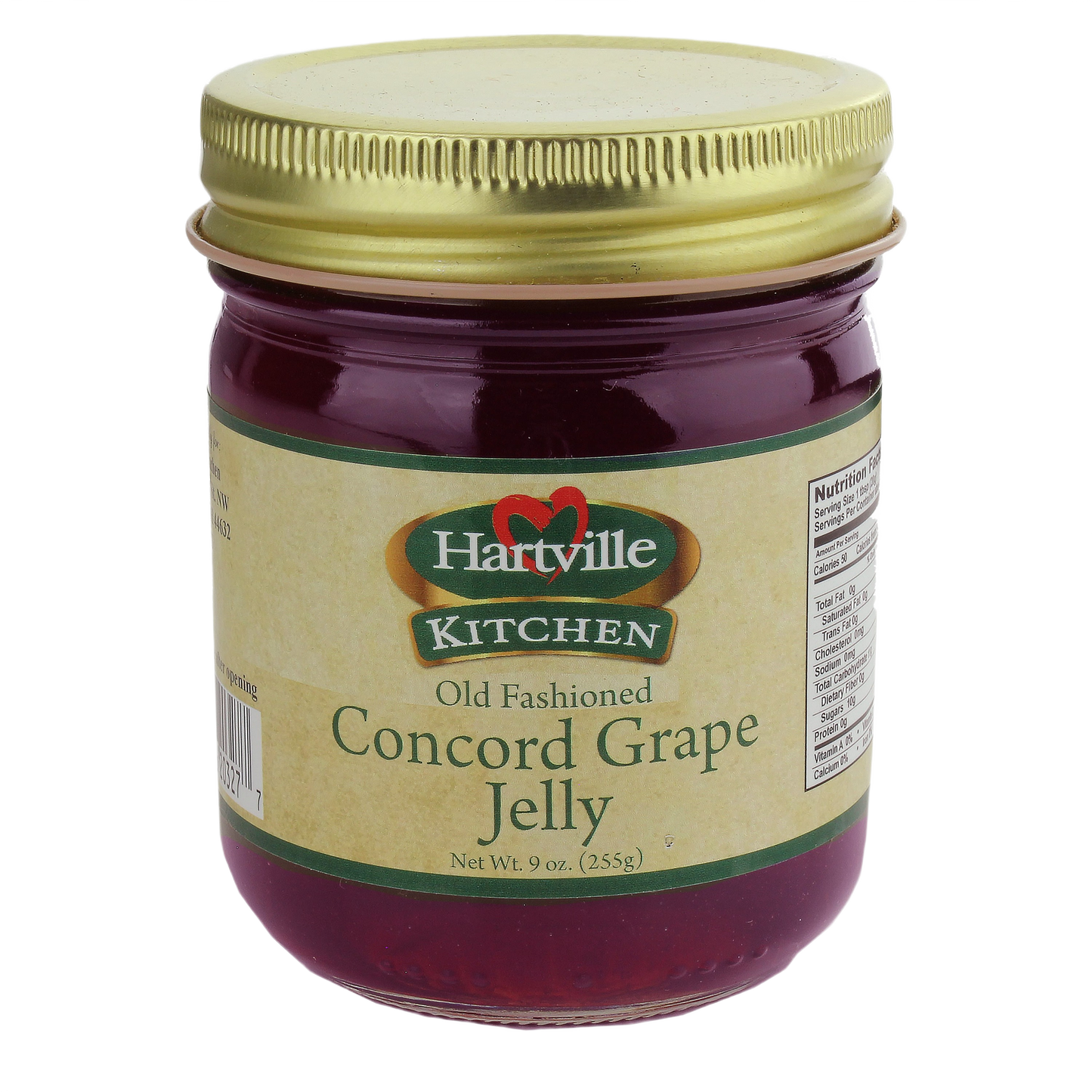 Glass jar of Hartville Kitchen old fashioned Concord grape jelly with gold lid from jams and jellies collection under $25