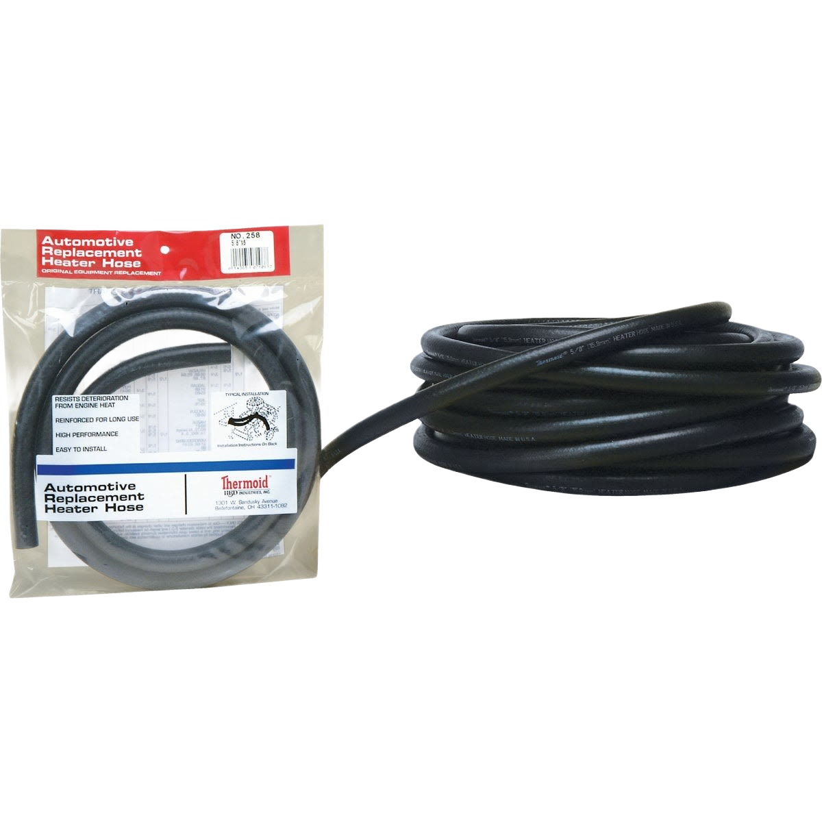 Coiled black automotive heater hose with polyester reinforcement, suitable for plumbing parts and repair under $100