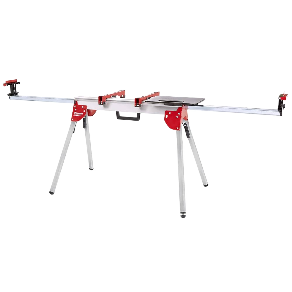 Foldable aluminum miter saw stand with red metal clamps and adjustable length supports for home improvement tools